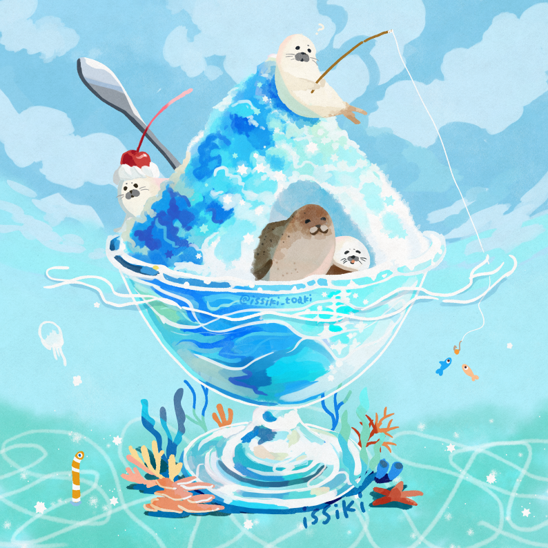 animal animal_focus artist_name bear bird blue_sky cherry cloud coral day facial_hair fish fishing fishing_rod food food_focus fruit garden_eel holding holding_fishing_rod ice_cream issiki_toaki jellyfish no_humans ocean original outdoors polar_bear seal_(animal) shaved_ice sky spoon starfish water watermark