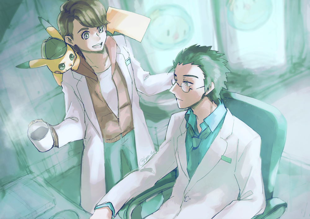 2boys :d black_hair brown_hair chair closed_mouth clothed_pokemon coffee collarbone commentary_request creature cup deerstalker detective_pikachu_(character) detective_pikachu_(game) detective_pikachu_(series) expressionless gen_1_pokemon gen_5_pokemon glasses hat holding holding_cup indoors kimimi_(kmm) male_focus mug multiple_boys nintendo on_shoulder open_mouth pikachu pokemon pokemon_(creature) pokemon_on_shoulder sitting smile solosis spiked_hair steam tim_goodman wallace_carroll