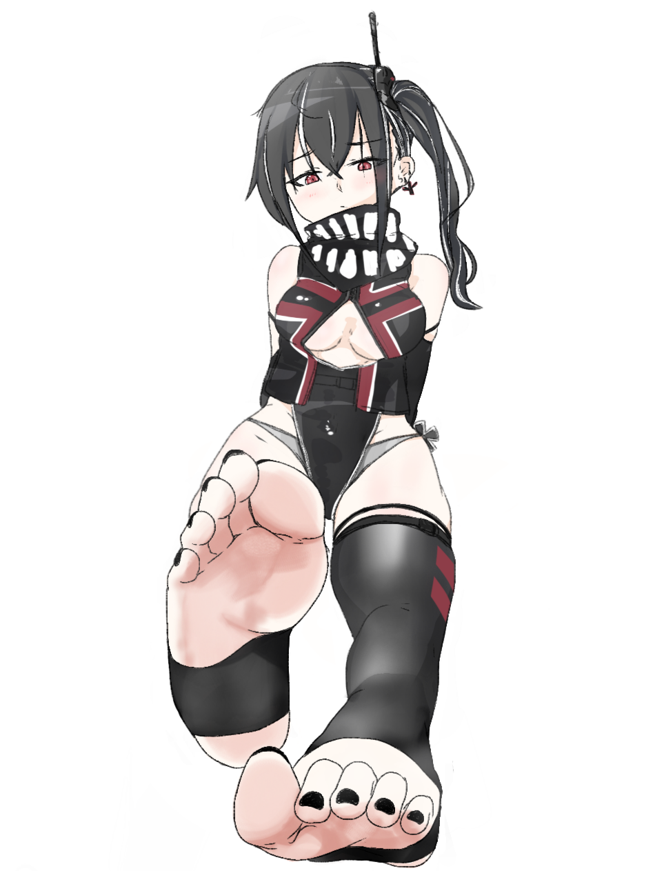 1girl azur_lane barefoot black_hair blush feet highres long_hair looking_at_viewer red_eyes side_ponytail soles stirrup_legwear toeless_legwear toes u-47_(azur_lane)