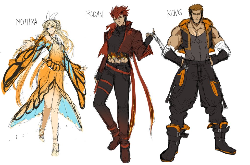 1girl 2boys blonde_hair blue_eyes brown_hair crossover godzilla:_king_of_the_monsters godzilla_(series) godzilla_vs._kong godzilla_x_kong:_the_new_empire kaiju king_kong king_kong_(series) kong:_skull_island kong_(monsterverse) kurosaki_sasori legendary_pictures monsterverse mothra multiple_boys personification red_eyes red_hair rodan toho yellow_eyes