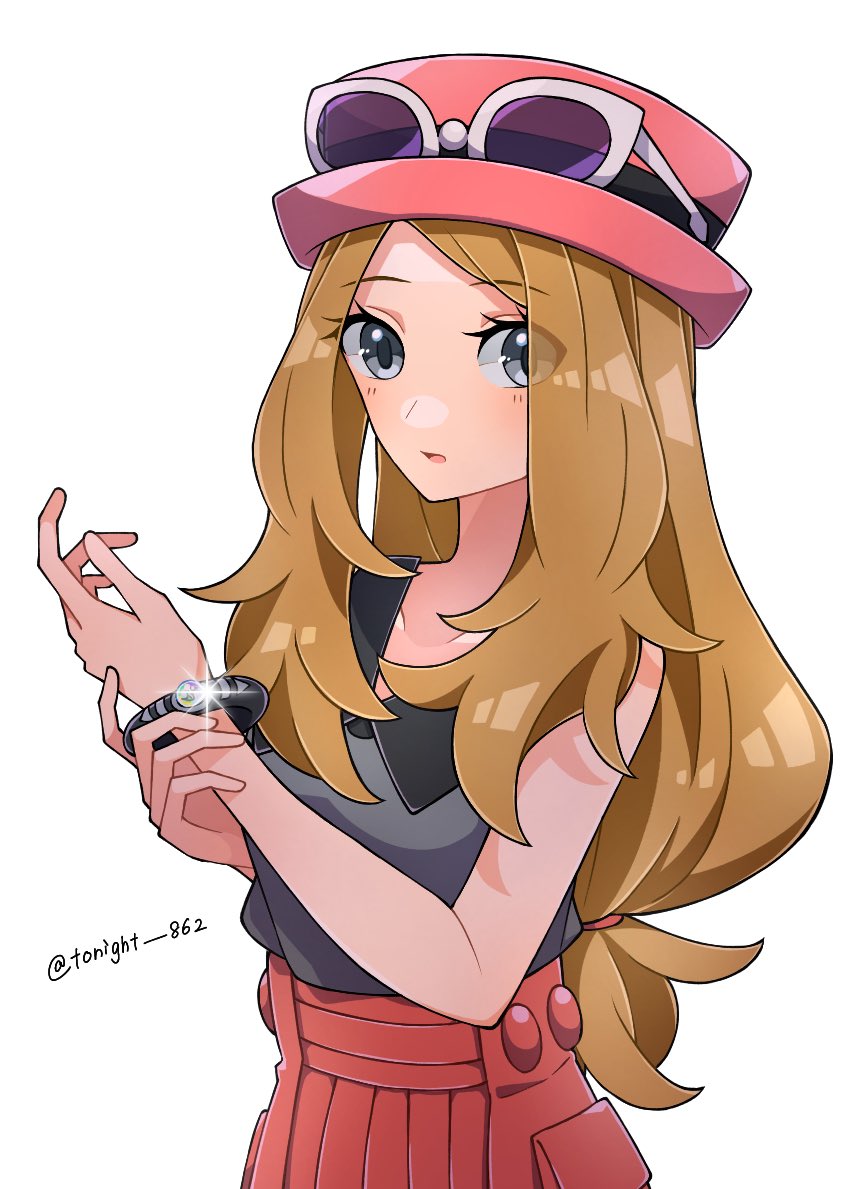 1girl black_eyes black_shirt brown_hair commentary eyelashes eyewear_on_headwear jacket mega_ring nintendo pokemon pokemon_xy rain_(tonight_862) red_skirt serena_(pokemon) shirt skirt sleeveless sleeveless_duster sleeveless_shirt sunglasses turtleneck turtleneck_jacket white-framed_eyewear white_background