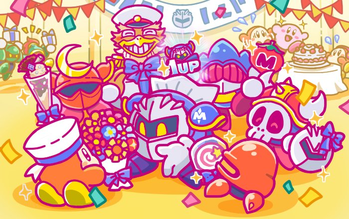 1up 6+boys axe_knight_(kirby) banner bird blade_knight bouquet bow box cake cape captain_vul commentary_request confetti fake_horns flower flying_sweatdrops food gift gift_box gloves hat helmet horned_helmet invincible_candy javelin_knight kirby kirby_(series) mace_knight male_focus mask maxim_tomato meta_knight multiple_boys nintendo official_art parfait peaked_cap pennant sailor_hat shoulder_pads sparkle sparkling_eyes sword_knight trident_knight waddle_dee white_gloves