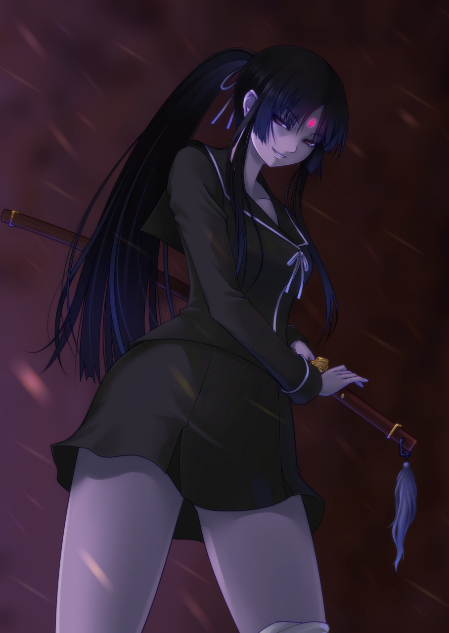 1girl black_hair black_serafuku blunt_bangs female_focus ga-rei ga-rei_zero highres hime_cut isayama_yomi long_hair looking_at_viewer mc-4 purple_eyes school_uniform serafuku smile solo