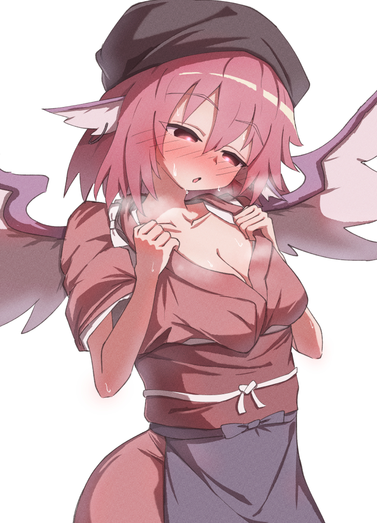 1girl animal_ears apron bird_ears bird_tail black_headscarf blue_apron blush breasts brown_kimono cleavage collarbone commentary_request cowboy_shot hair_between_eyes headscarf isgod japanese_clothes kimono medium_breasts mystia_lorelei obi obijime okamisty pink_eyes pink_hair pov sash short_hair short_sleeves simple_background solo steaming_body tail touhou white_background