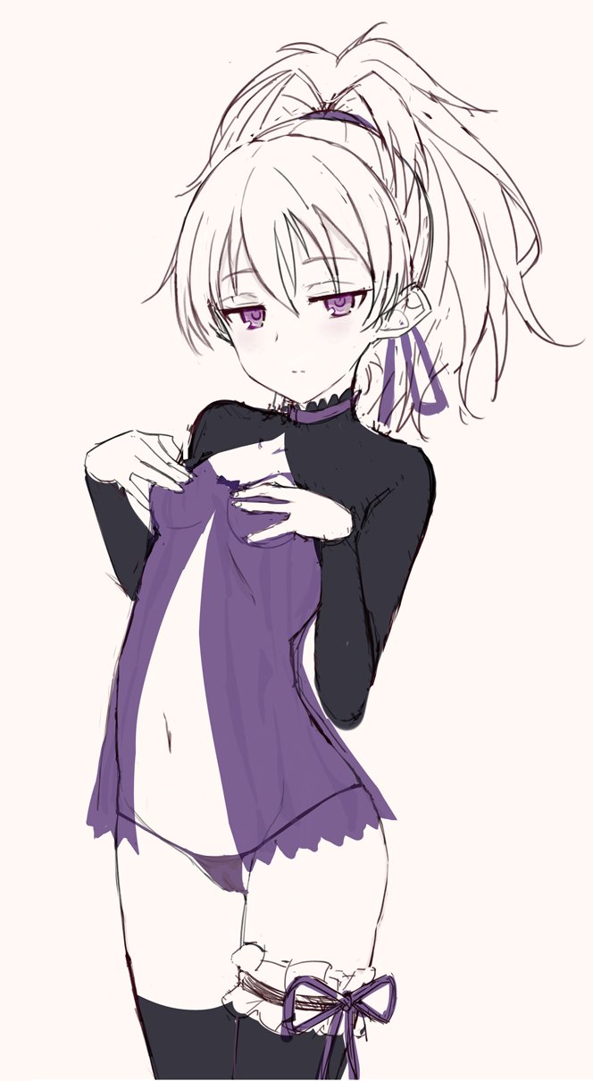 1girl camisole darker_than_black frilled_thigh_strap grey_hair highres jitome long_hair navel nonono_mino ponytail purple_eyes simple_background sketch solo thigh_strap thighhighs white_hair yin_(darker_than_black)