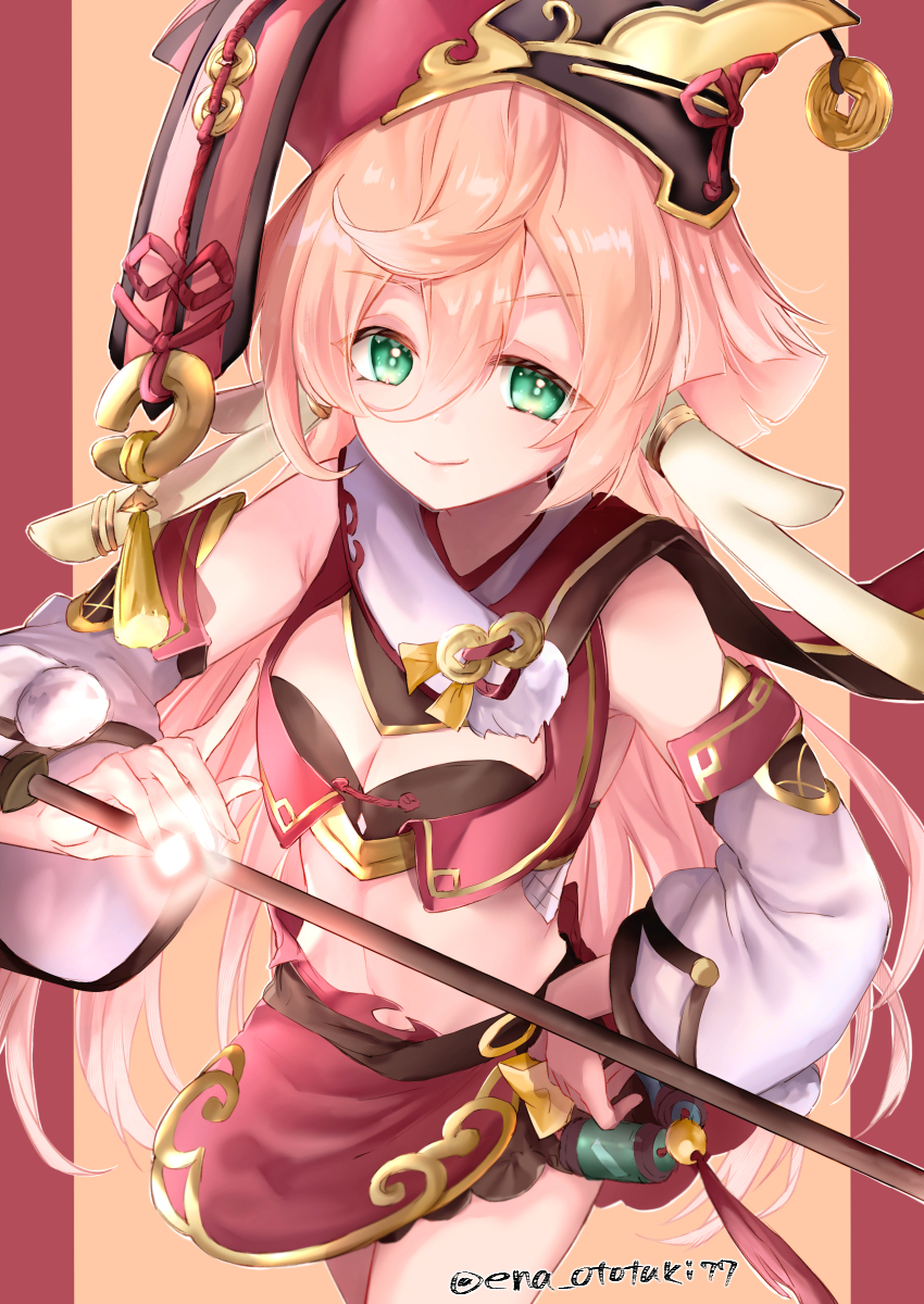 1girl black_hat breasts cleavage closed_mouth crop_top detached_sleeves genshin_impact green_eyes hair_between_eyes hat highres lappet long_hair midriff ototuki_ena pink_hair red_skirt skirt sleeveless solo tassel white_sleeves xiezhi_guan yanfei_(genshin_impact)