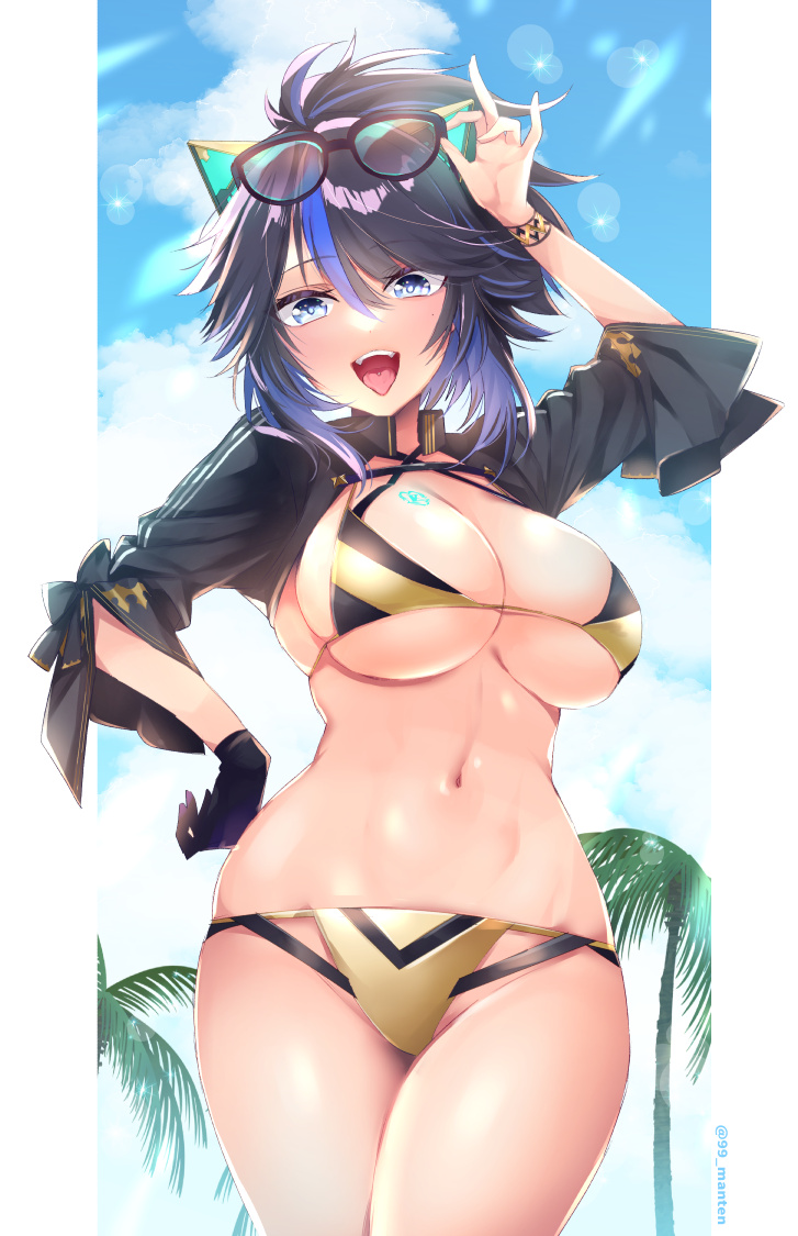 1girl adjusting_eyewear animal_ears arm_up bikini black_hair blue_eyes blue_hair blurry blush bokeh bracelet breasts cat_ears cropped_jacket day depth_of_field eyewear_on_head fake_animal_ears gloves halterneck hand_on_eyewear hand_on_own_hip jewelry kson large_breasts lens_flare long_hair long_sleeves looking_at_viewer micro_bikini mole mole_under_eye multicolored_hair n_gyou navel open_mouth outdoors palm_tree piercing ponytail single_glove skindentation sky smile solo streaked_hair sunglasses swimsuit tongue tongue_out tongue_piercing tree two-tone_hair virtual_youtuber vshojo
