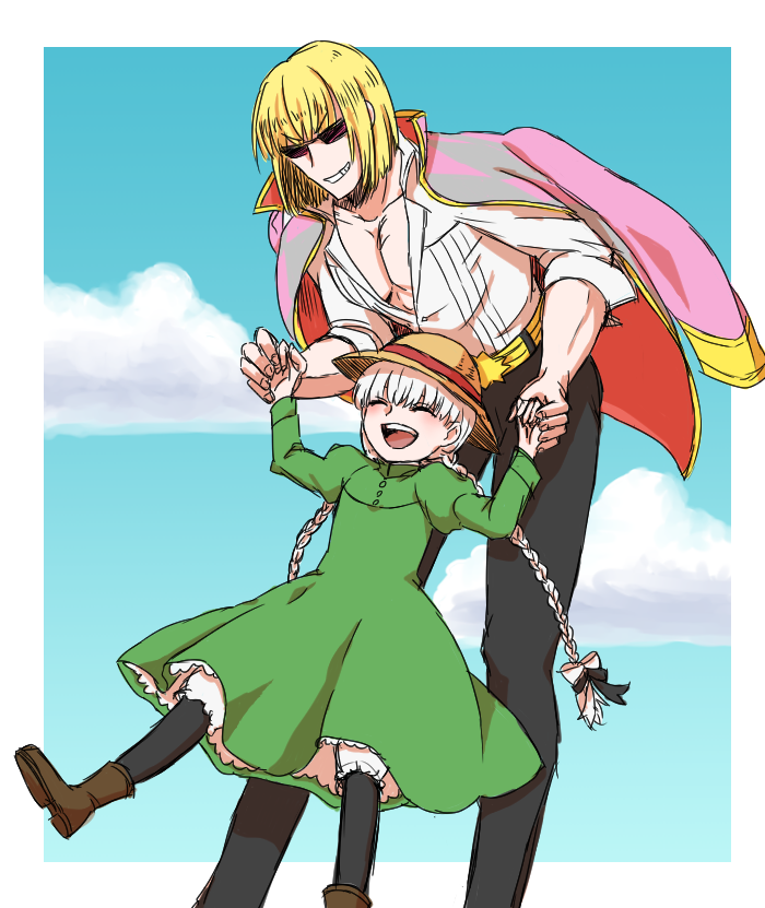 00s 1boy 1girl blonde_hair braid casual fate/grand_order fate_(series) hat howl_no_ugoku_shiro jacket jacket_on_shoulders nursery_rhyme_(fate) nursery_rhyme_(fate/grand_order) sakata_kintoki_(fate) smile straw_hat sunglasses white_hair yuko_(taxidermy)