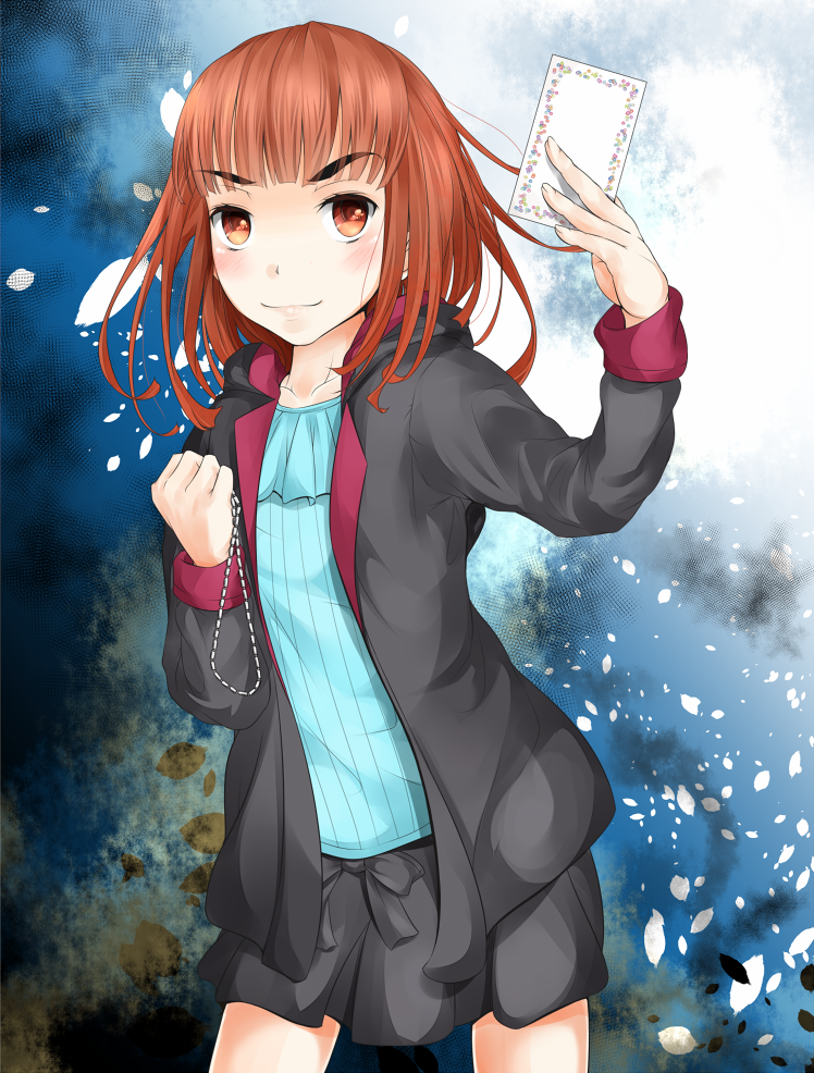 1boy alternate_eyebrows arm_up black_jacket black_skirt blue_background blunt_bangs blush brown_eyes brown_hair commentary_request cowboy_shot hand_up holding hood hood_down jacket kanou_shinka long_sleeves looking_at_viewer medium_hair miniskirt mismatched_eyebrows open_clothes open_jacket partial_commentary pleated_skirt shin_(highest1192) skirt smile solo thick_eyebrows toaru_majutsu_no_index toaru_majutsu_no_index:_new_testament trap v-shaped_eyebrows