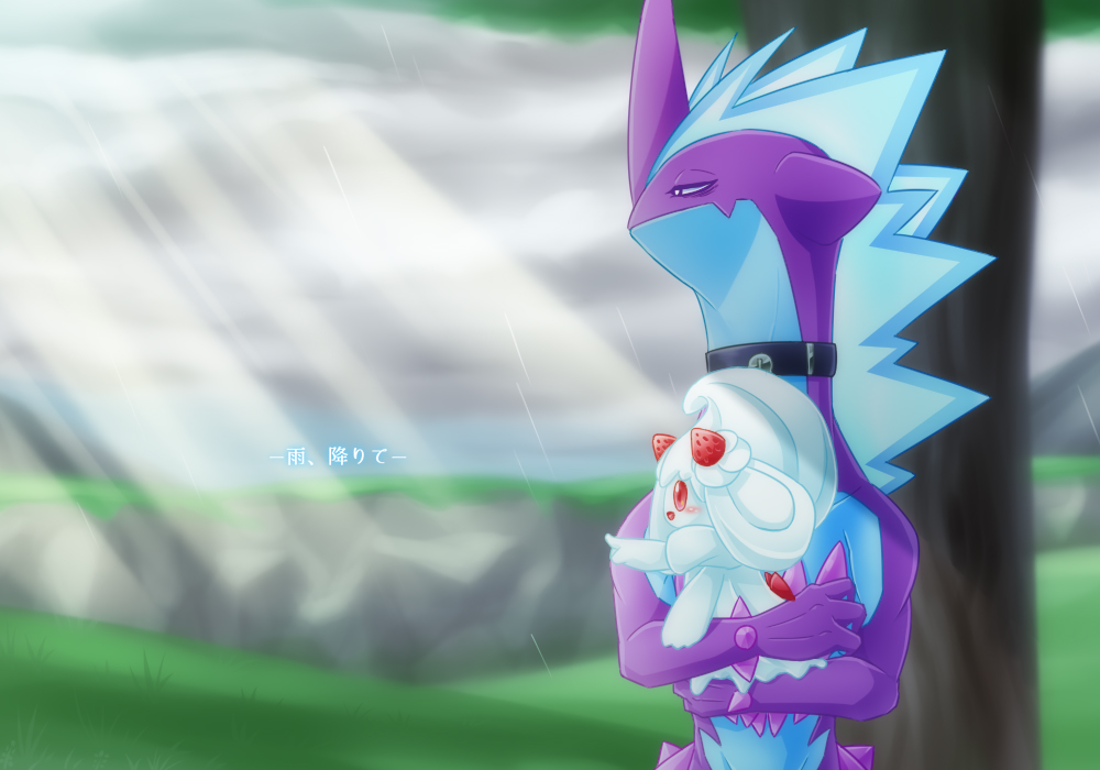 alcremie alcremie_(mint_cream) alcremie_(strawberry_sweet) commentary_request day food fruit gen_8_pokemon grass holding holding_pokemon horns kurosiro nintendo outdoors pointing pokemon pokemon_(creature) red_eyes single_horn strawberry toxtricity toxtricity_(low_key) translation_request tree