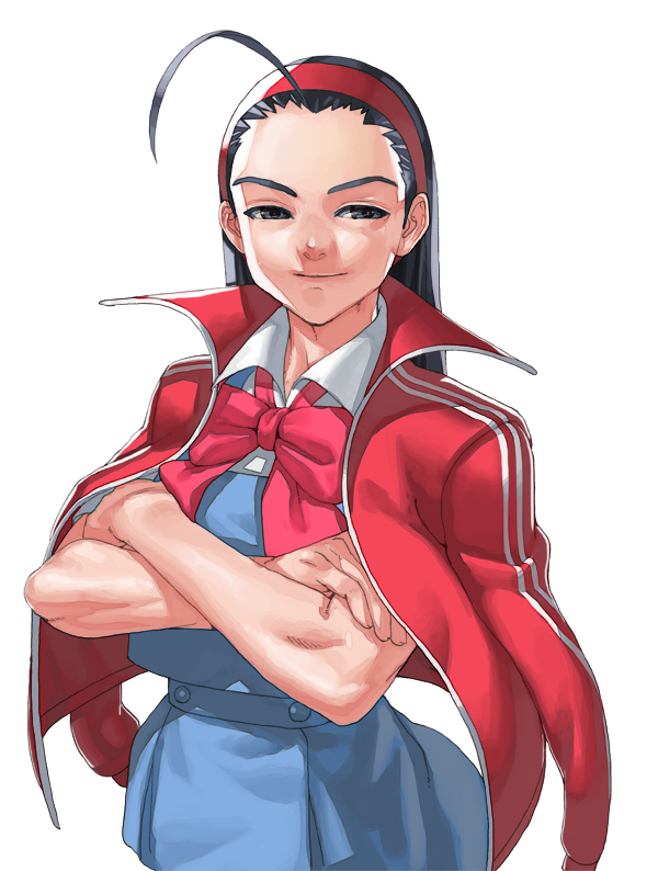 1girl ahoge black_hair capcom crossed_arms female_focus hairband iinchou_(justice_gakuen) justice_gakuen looking_at_viewer school_uniform simple_background solo takoyaki_neko-san white_background