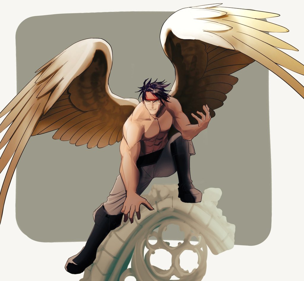 1boy abs bara black_boots black_hair boots brown_pants closed_mouth commentary_request feathered_wings fire_emblem fire_emblem:_path_of_radiance fire_emblem:_radiant_dawn headband male_focus muscular muscular_male naesala1063 nintendo pants pectorals red_headband smile tibarn_(fire_emblem) topless_male wings