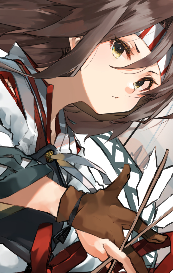 1girl :t archery_shooting_glove arrow_(projectile) brown_hair from_side gloves hachimaki hair_between_eyes headband holding holding_arrow japanese_clothes kantai_collection kimono long_hair looking_at_viewer muneate nontraditional_miko partially_fingerless_gloves red_headband sidelocks solo striped_headband sunday_aki upper_body white_headband white_kimono yellow_eyes zuihou_(kancolle)