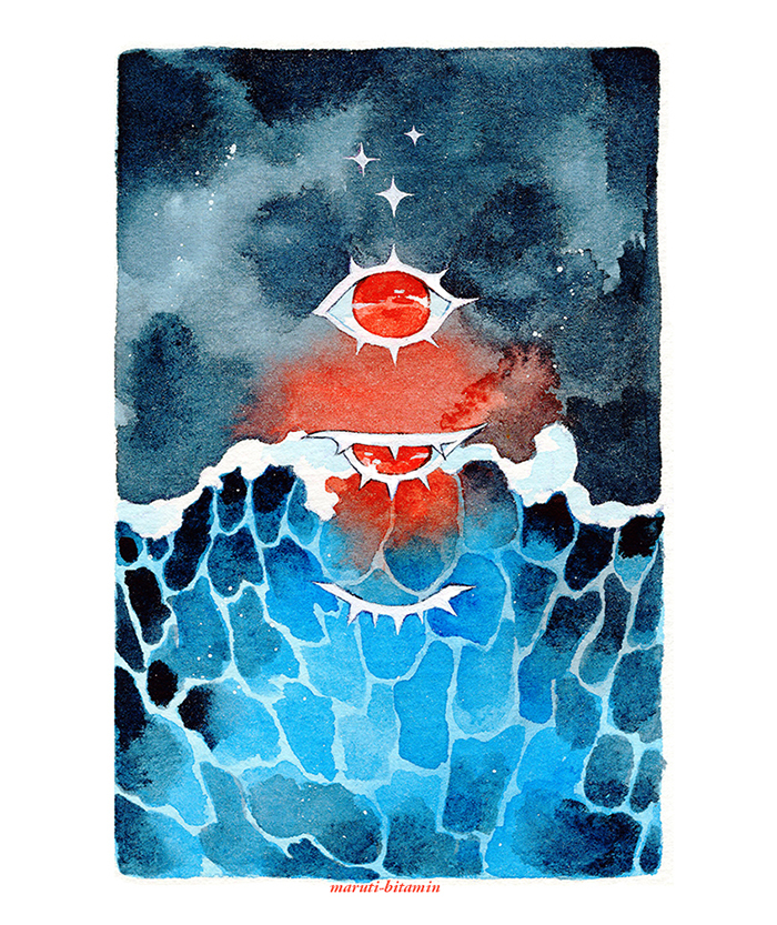 artist_name blue_sky border caustics closed_eyes colored_eyelashes commentary disembodied_eye english_commentary evening eye_focus foaming_waves half-closed_eyes limited_palette maruti_bitamin night night_sky no_humans no_pupils ocean original painting_(medium) red_eyes red_sun sky sparkle star_(sky) starry_sky sun sunset surreal traditional_media water watercolor_(medium) waving white_border white_eyelashes