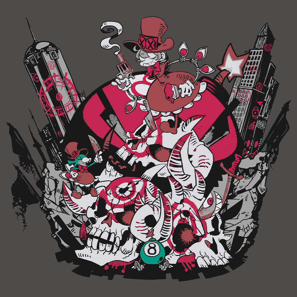1girl avery_(skullgirls) bow bowtie cityscape cyborg dress closed_eyes flag flagpole george_the_bomb gloves graffiti grey_background greyscale grin gun handgun hat holding holding_knife holding_weapon horns knife lenny_the_bomb monochrome paintbrush peacock_(skullgirls) revolver sharp_teeth skull skullgirls smile spot_color teeth top_hat weapon yamada9000