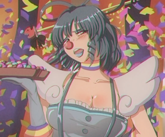1990s_(style) 1girl ace_attorney blue_eyes blue_gloves blue_hair blue_lips blush breasts chisel cleavage commentary confetti cosplay geiru_toneido geiru_toneido_(cosplay) gloves hair_ornament hair_rings hair_stick kaku_seiga lowres red_nose retro_artstyle short_hair solo step_arts touhou upper_body