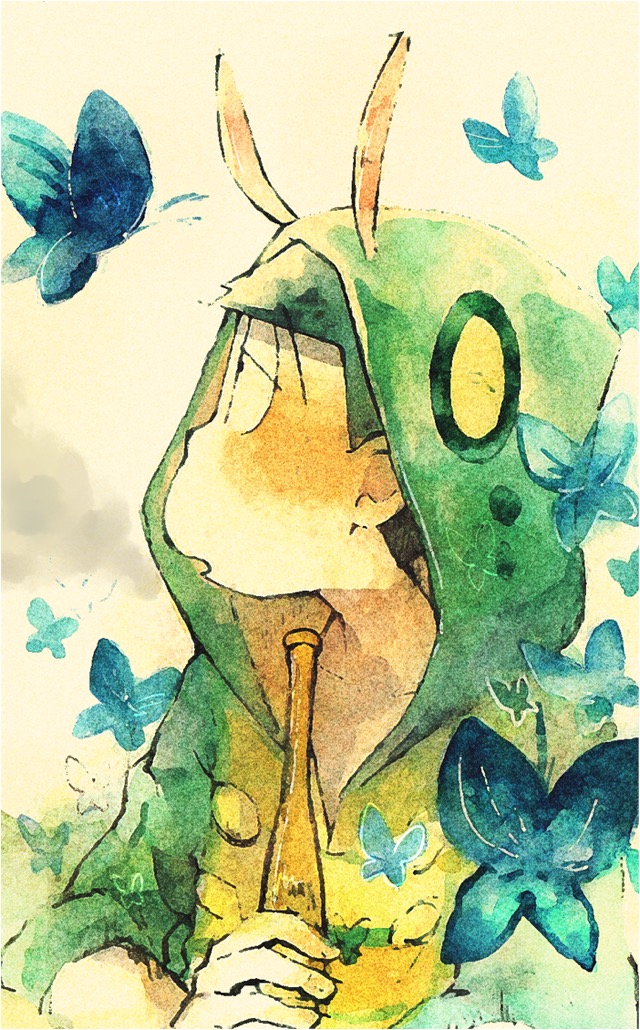 1boy antennae black_eyes black_hair blue_butterfly blunt_bangs bottle bug bug_costume butterfly cosplay fingernails green_jumpsuit half-closed_eyes holding holding_bottle hood hood_up hooded_jumpsuit insect jumpsuit kigurumi light_blush long_sleeves looking_at_another male_focus matsuno_choromatsu momiji_(lucario) open_mouth osomatsu-san osomatsu_(series) painting_(medium) short_hair sleeve_cuffs solo three-quarter_sleeves traditional_media upper_body watercolor_(medium)