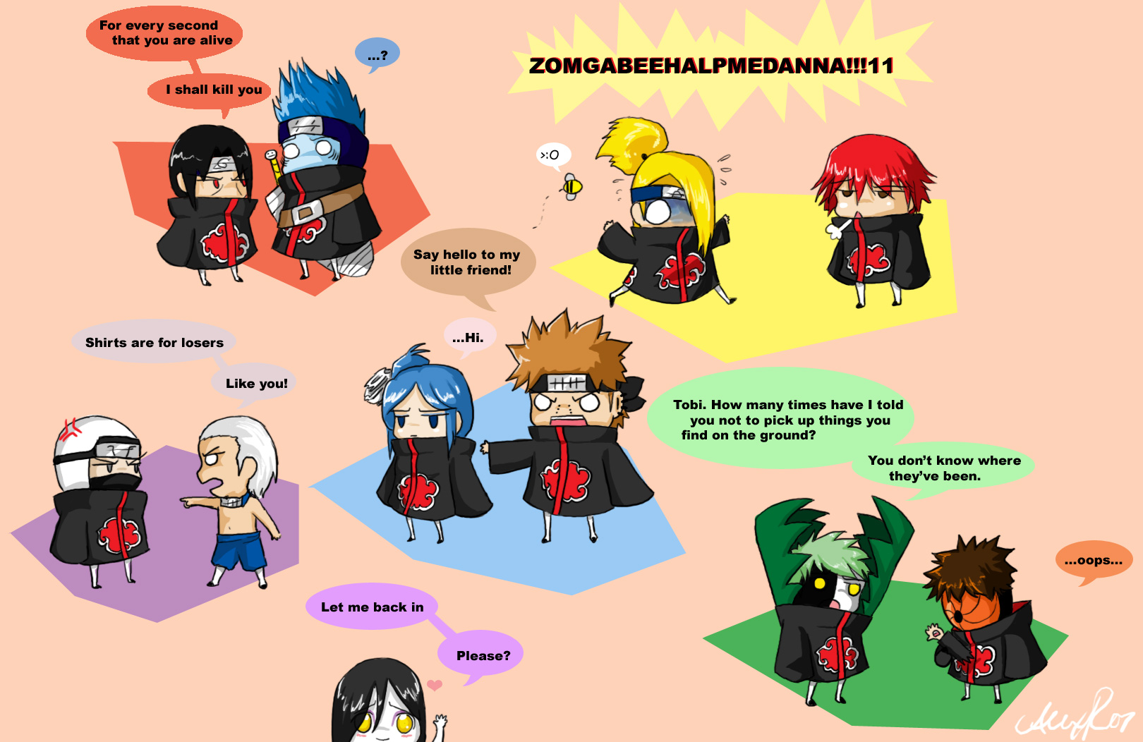 ...? 1girl akatsuki_(naruto) akatsuki_uniform anger_vein bee black_hair blonde_hair blue_hair blue_pants blue_skin blush brown_hair bug colored_skin crow213 dark-skinned_male dark_skin deidara_(naruto) disembodied_hand eyeliner flower flower_on_head forehead_protector gills green_hair grey_hair hair_ornament hair_over_one_eye heart hidan_(naruto) highres hoshigaki_kisame insect kakuzu_(naruto) konan_(naruto) makeup mask multicolored_skin multiple_boys nagato_(naruto) naruto_(series) naruto_shippuuden no_shirt orange_hair orochimaru_(naruto) pain_(naruto) pale_skin pants piercing pointing red_hair sasori_(naruto) scared speech_bubble spiked_hair tobi_(naruto) uchiha_itachi uchiha_obito weapon weapon_on_back yellow_eyes zetsu_(naruto)