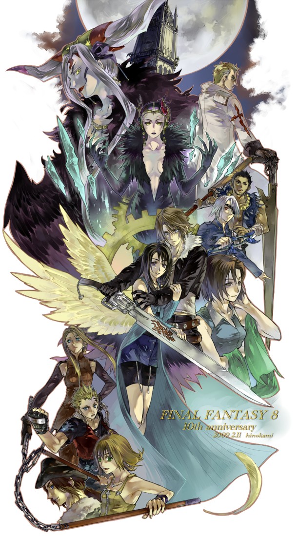 5boys 6+girls arm_warmers bike_shorts black_hair breasts brown_eyes brown_hair dress edea_kramer everyone final_fantasy final_fantasy_viii fuujin_(ff8) gloves irvine_kinneas jacket long_hair multiple_boys multiple_girls quistis_trepe raijin_(ff8) raine_loire rinoa_heartilly seifer_almasy selphie_tilmitt short_hair squall_leonhart ultimecia zell_dincht zipper_dress