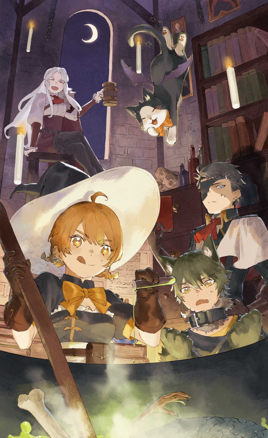 &gt;_&lt; +_+ 2boys 2girls :d animal_hands ascot beaker beer_stein black_hair blonde_hair book bookshelf boots bottle bow cabinet candle cauldron chain collar corset crescent_moon crossed_legs eyepatch faycal_(sword_of_convallaria) gloves green_hair grey_hair halloween halloween_costume hat highres holding holding_beaker holding_book indoors kuro_(sword_of_convallaria) leather leather_gloves maitha_(sword_of_convallaria) male_voyager moon msan_0011 multiple_boys multiple_girls night open_mouth paw_gloves rawiyah_(sword_of_convallaria) scroll short_braid smile stirring stone_wall sword_of_convallaria thigh_boots window witch_hat xd yellow_bow