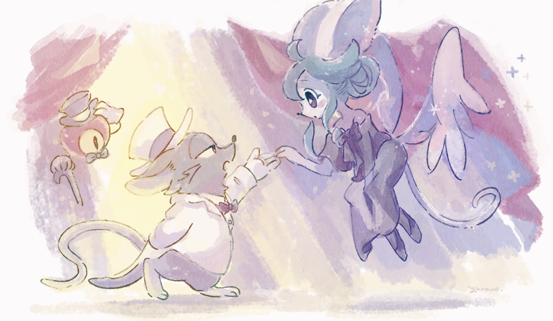 1girl 2boys animal_ears arm_behind_back black_dress black_hat blush_stickers bow bowtie cane colored_sclera commentary_request dress feathered_wings green_hair grey_fur half-closed_eyes hat heart_(mad_rat_dead) holding holding_cane jacket mad_rat_(mad_rat_dead) mad_rat_dead mouse_boy mouse_ears mouse_girl mouse_tail multiple_boys rat_god_(mad_rat_dead) red_eyes strapless strapless_dress tail top_hat white_fur white_hat white_jacket wings yellow_sclera yurano_(upao)