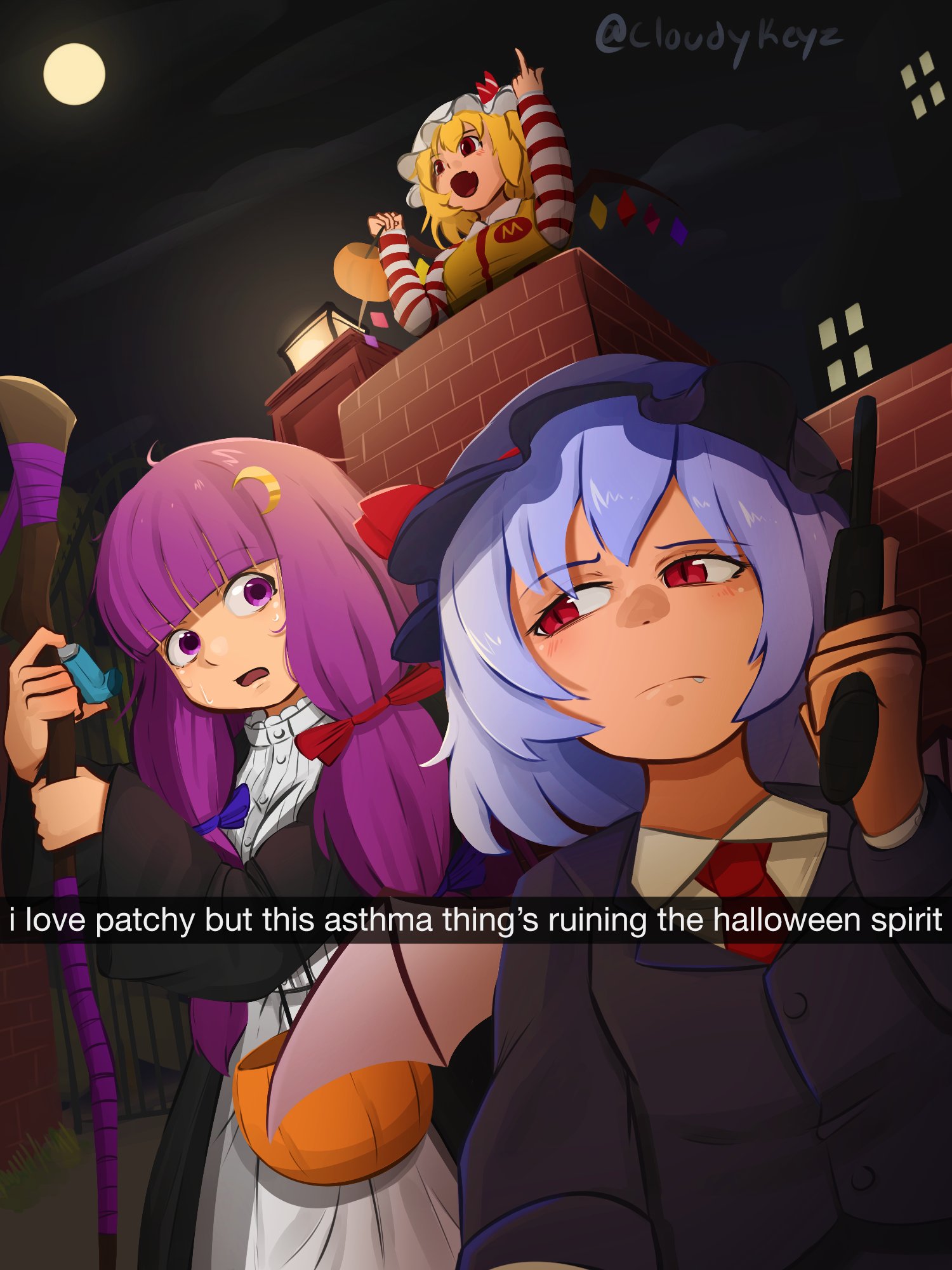 3girls bat_wings black_robe blue_bow blue_hair blunt_bangs bow closed_mouth cloud cloudykeyz commentary cosplay crescent crescent_hair_ornament dress english_commentary english_text fern_(sousou_no_frieren) fern_(sousou_no_frieren)_(cosplay) flandre_scarlet formal_clothes frown full_moon gate hair_bow hair_ornament halloween halloween_bucket halloween_costume hat highres holding holding_staff iosys lamp light_blue_hair long_sleeves mcdonald's middle_finger mob_cap moon multiple_girls night night_sky no_headwear open_mouth patchouli_knowledge purple_eyes purple_hair red_bow remilia_scarlet robe ronald_mcdonald ronald_mcdonald_(cosplay) scarlet_devil_mansion scarlet_police short_hair sky sousou_no_frieren staff suit touhou twitter_username white_dress wings
