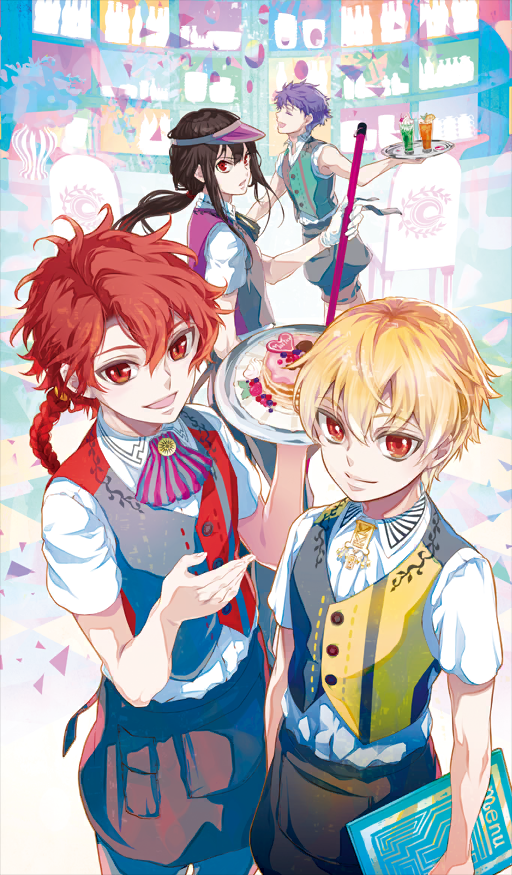 4boys alexander_(fate) alexander_(welcome_diner)_(fate) apron armpits ascot bare_arms black_apron black_ascot black_vest blue_background braid brown_hair brown_shorts buttons chair chaldea_logo child child_gilgamesh_(fate) child_gilgamesh_(welcome_diner)_(fate) closed_eyes collared_shirt commentary cowboy_shot cup dress_shirt drink fate/grand_order fate_(series) fergus_mac_roich_(fate) fergus_mac_roich_(young)_(fate) fergus_mac_roich_(welcome_diner)_(fate) floating_hair food gilgamesh_(fate) gloves green_vest hair_between_eyes hair_tie hat heart heart-shaped_food holding holding_menu holding_tray indoors long_hair looking_at_viewer low_ponytail male_focus menu mikanagi_touya multiple_boys oda_nobukatsu_(fate) oda_nobukatsu_(welcome_diner)_(fate) official_art open_mouth pancake pancake_stack parted_lips partially_unbuttoned ponytail purple_hair purple_hat purple_vest red_ascot red_vest shirt short_hair short_sleeves shorts sidelocks single_braid smile third-party_source tray two-tone_ascot two-tone_vest unbuttoned unbuttoned_shirt vest visor_cap waist_apron white_gloves white_shirt yellow_vest