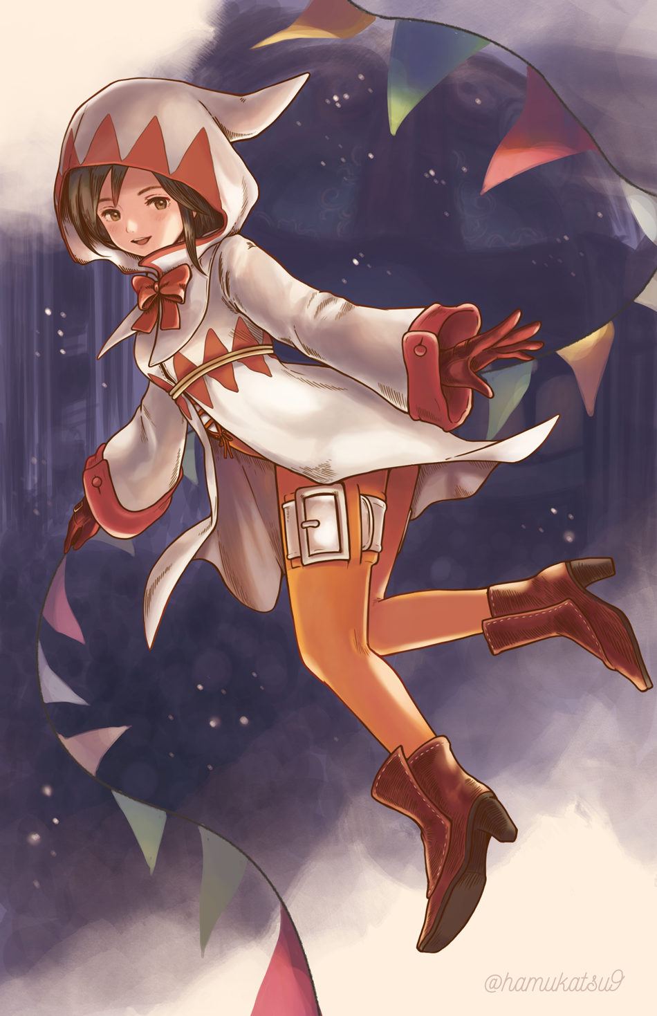 1girl black_hair bodysuit breasts brown_eyes final_fantasy final_fantasy_ix garnet_til_alexandros_xvii gloves highres hood long_hair looking_at_viewer ma-hain-scarlet official_alternate_costume open_mouth orange_bodysuit robe smile solo