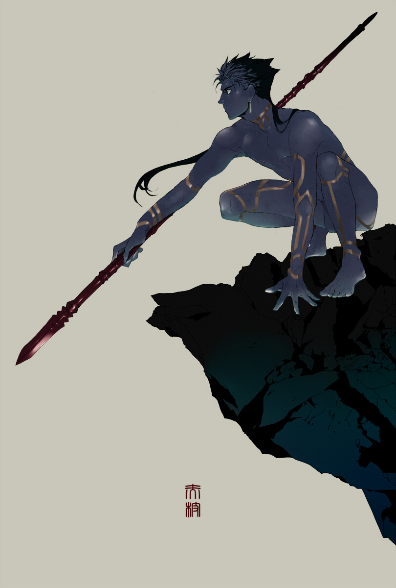 1boy avatar_(2009_movie) barefoot blue_hair bodypaint cliff cu_chulainn_(fate) cu_chulainn_(fate/stay_night) earrings fate/stay_night fate_(series) gae_bolg_(fate) highres james_cameron&#039;s_avatar jewelry kema_mire loincloth long_hair male_focus na&#039;vi polearm ponytail red_eyes solo spear squatting topless_male weapon