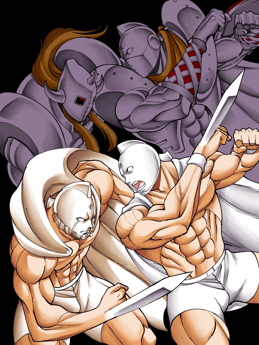 2boys abs akuma_shogun arm_blade armor black_background brothers cape epaulettes fighting full_armor goldman highres horns kazeya_kazuya kinnikuman looking_at_another manly mask monster_boy multiple_boys muscular no_humans scarf siblings silverman sword weapon wrestling wrestling_mask