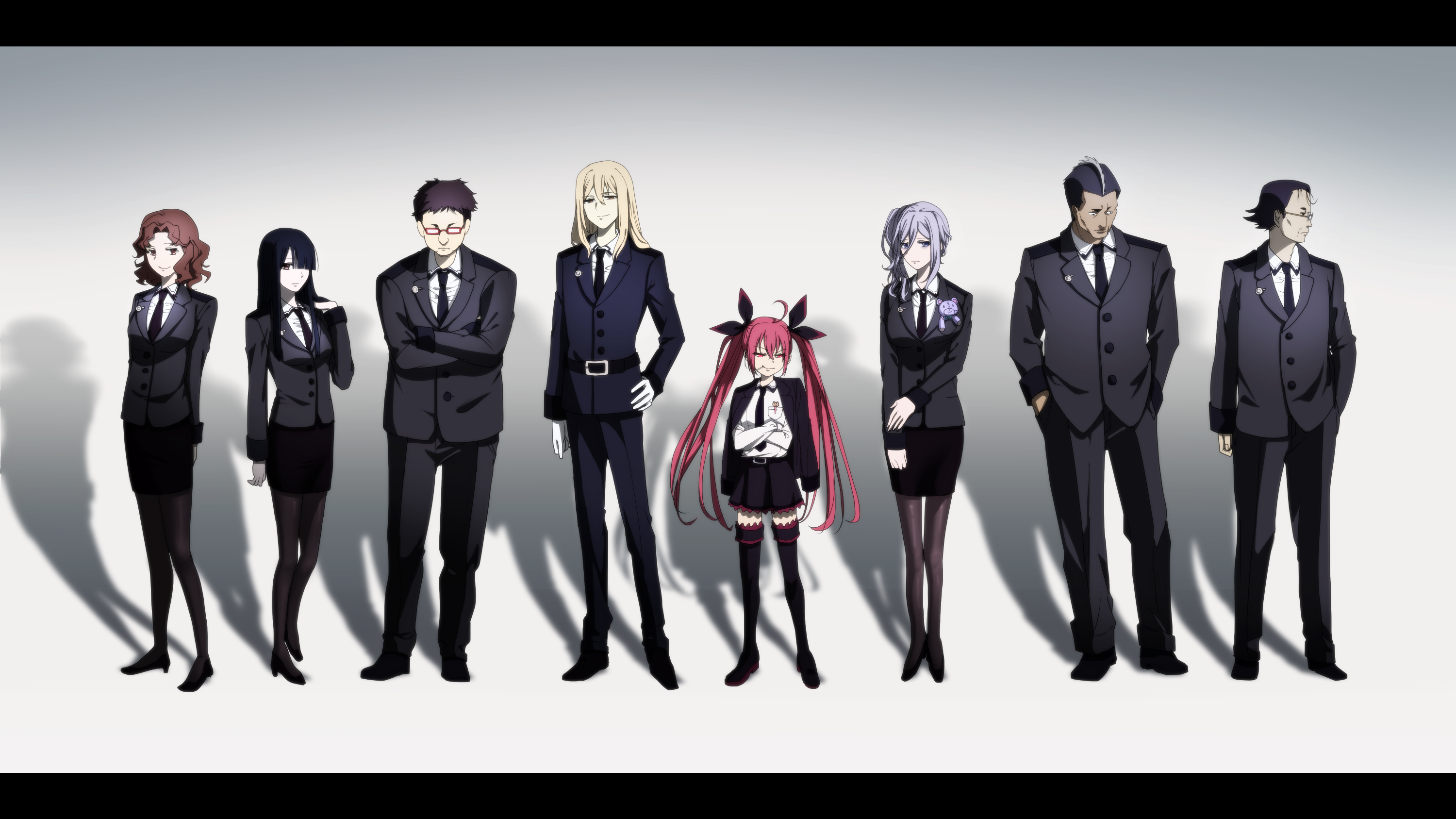 4boys 4girls artist_request bad_id bad_pixiv_id black_hair black_necktie black_suit blonde_hair brown_hair date_a_live doll formal_clothes glasses gloves grey_hair highres itsuka_kotori kannazuki_kyouhei multiple_boys multiple_girls murasame_reine necktie red_hair shadow suit twintails