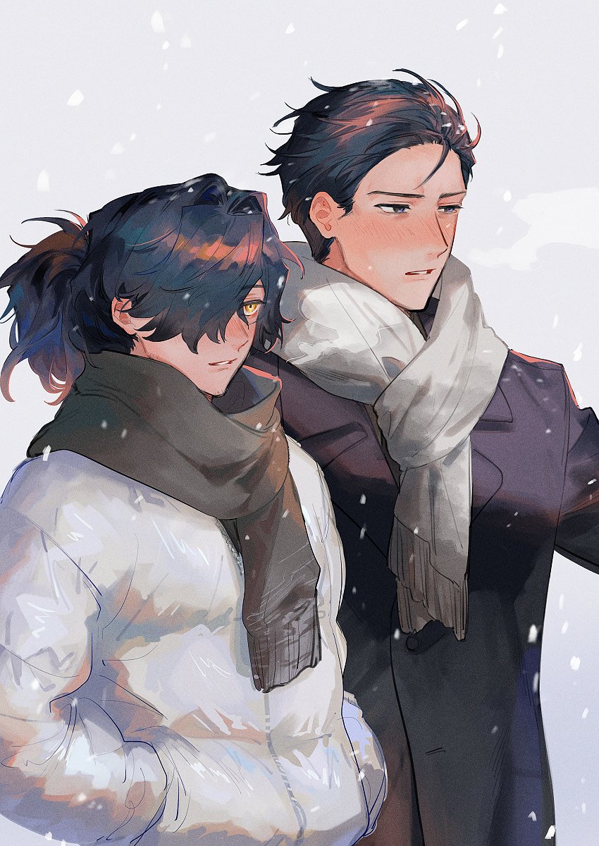 2boys alternate_costume black_eyes black_hair blush chago_(aruchagos7180) coat fate/grand_order fate_(series) grey_coat grey_scarf hair_over_one_eye highres long_sleeves looking_ahead male_focus messy_hair multiple_boys okada_izou_(fate) parted_lips ponytail sakamoto_ryouma_(fate) scarf short_hair snowing upper_body winter winter_clothes yellow_eyes