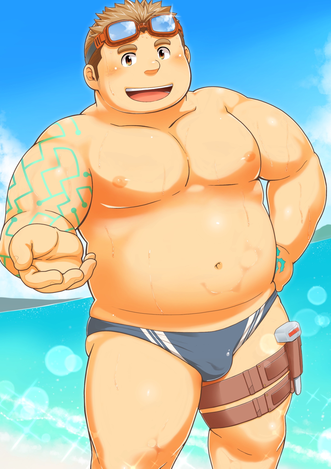 1boy abs bara beach belly blue_male_swimwear blush body_markings bulge fat fat_man feet_out_of_frame goggles goggles_on_head hammer harness highres kajiya_kurogane large_pectorals leather male_focus male_swimwear muscular muscular_male navel nipples nol outstretched_hand pectorals reaching reaching_towards_viewer short_hair sideburns smile solo stomach swim_briefs thick_eyebrows thick_thighs thighs tokyo_houkago_summoners topless_male
