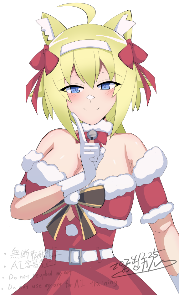 1girl ahoge amano_soraha animal_ear_fluff animal_ears arm_at_side artist_name assault_lily bare_shoulders bell belt belt_buckle black_bow blonde_hair blue_eyes blush bow bowtie breasts buckle cat_ears cleavage closed_mouth collar collarbone commentary_request dated detached_sleeves dress dress_bow finger_to_cheek fur-trimmed_sleeves fur_collar fur_trim gloves hair_between_eyes hair_bow hairband hand_up ishitsuma_canon jingle_bell kemonomimi_mode large_breasts long_hair looking_at_viewer low_ponytail neck_bell pom_pom_(clothes) ponytail red_bow red_bowtie red_dress santa_costume santa_dress short_sleeves simple_background smile solo standing strapless strapless_dress two-tone_bow upper_body watermark white_background white_belt white_collar white_gloves white_hairband yellow_bow