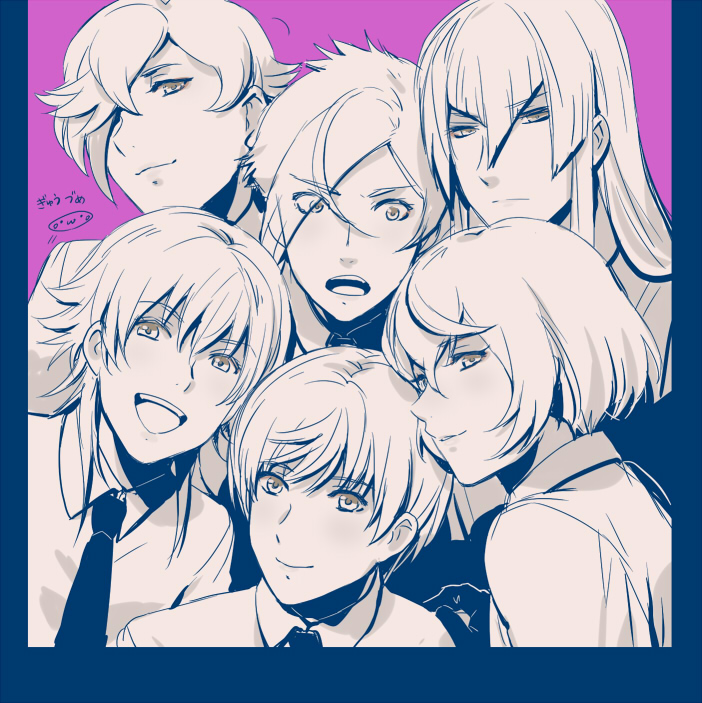 10s 6+boys :d eyes_visible_through_hair hair_over_one_eye higekiri_(touken_ranbu) hizamaru_(touken_ranbu) ichigo_hitofuri kousetsu_samonji male_focus mizuhara_aki monochrome multiple_boys necktie open_mouth smile touken_ranbu tsurumaru_kuninaga uguisumaru upper_body