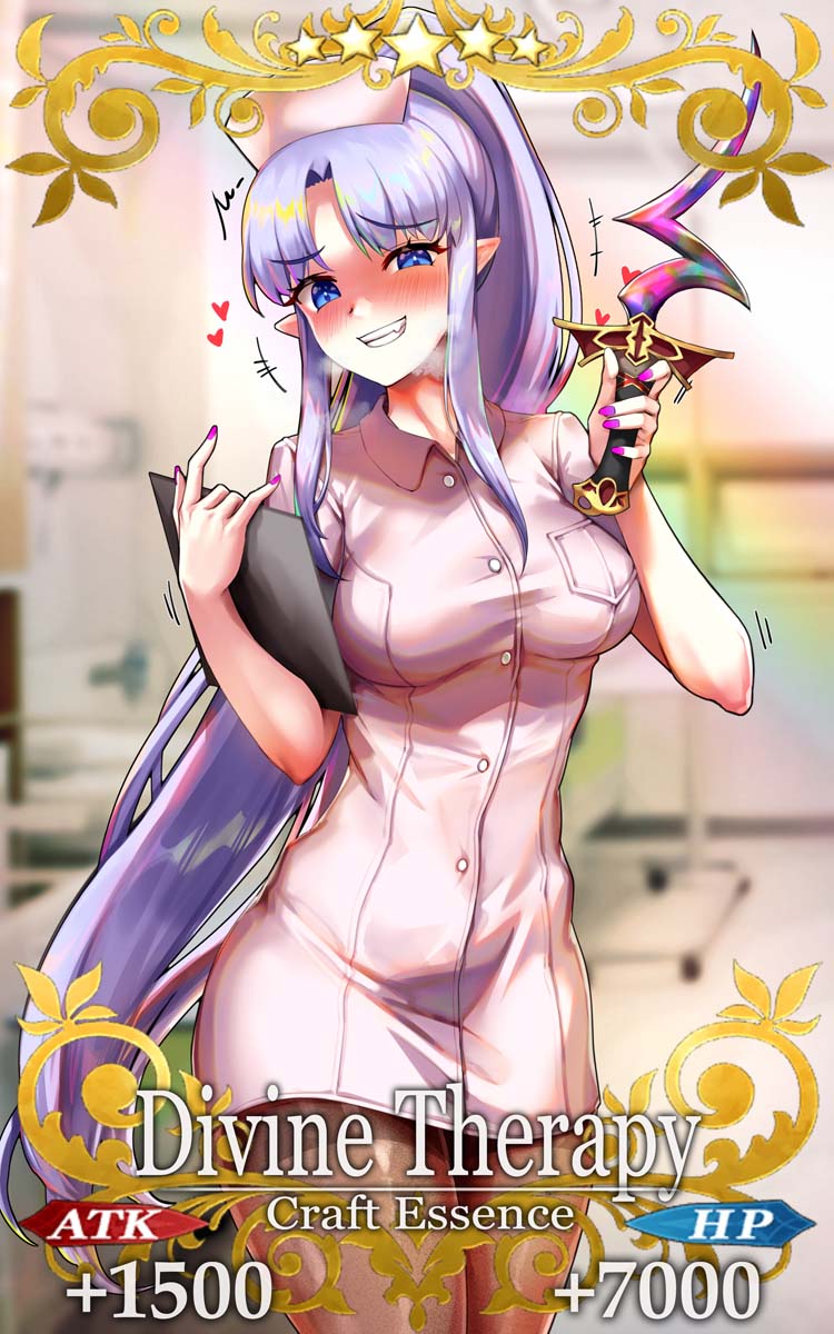 1girl alternate_costume bad_id bad_pixiv_id blue_eyes blurry blurry_background blush breasts card_(medium) clipboard commentary_request craft_essence_(fate) dress fang fate/grand_order fate_(series) female_focus foxyreine grin hat heart highres holding holding_clipboard holding_knife hospital knife long_hair looking_at_viewer medea_(fate) medea_lily_(fate) medium_breasts nail_polish nurse nurse_cap pantyhose parody pink_dress pointy_ears ponytail purple_hair purple_nails rulebreaker short_dress smile solo very_long_hair