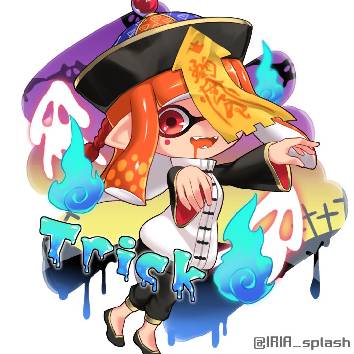 1girl black_footwear black_hat black_pants black_sleeves blunt_bangs braid colored_tongue commentary_request drooling fangs full_body ghost hat inkling inkling_girl inkling_player_character iria_(yumeirokingyo) jacket jiangshi long_hair long_sleeves looking_at_viewer mouth_drool nintendo ofuda ofuda_on_head open_mouth orange_hair orange_tongue outstretched_arms pants pointy_ears qingdai_guanmao red_eyes simple_background single_braid smile solo splatoon_(series) splatoon_2 standing tentacle_hair white_background white_jacket wide_sleeves zombie_pose