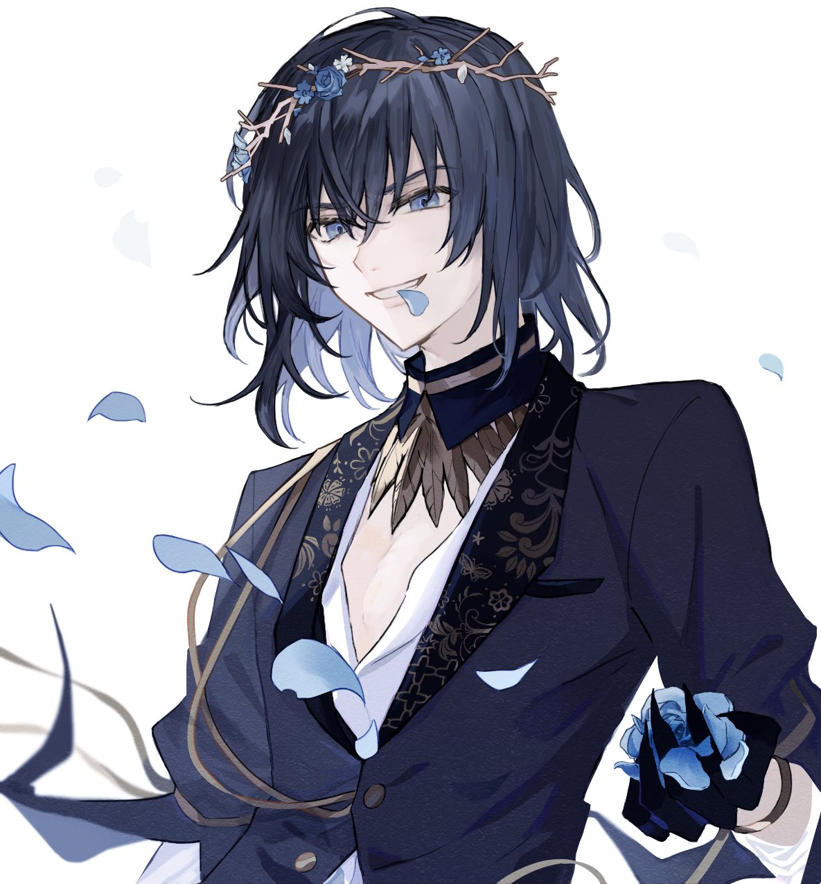 1boy black_gloves black_hair black_jacket blue_flower blue_rose bracelet fate/grand_order fate_(series) flower gloves highres holding jacket jewelry looking_at_viewer male_focus medium_hair no_wings oberon_(fate) oberon_(overnight_dream)_(fate) official_alternate_costume petals ringo_2000 rose shirt simple_background smile solo spoilers teeth white_background white_shirt wreath