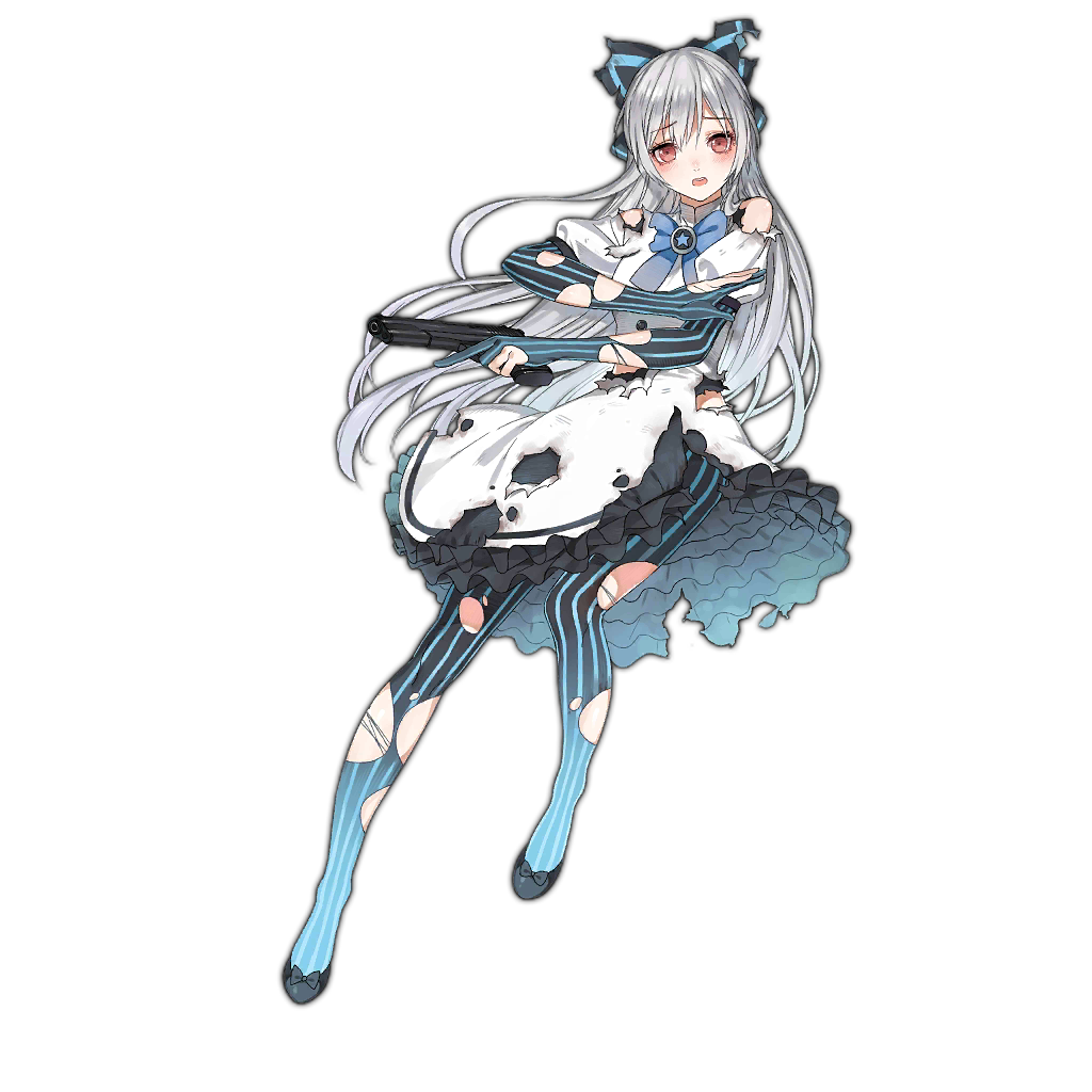 1girl arm_across_chest black_bow blue_bow blue_pantyhose blue_shoes blush bow breasts brooch burnt_clothes buttons damaged defeat dress elbow_gloves eyelashes footwear_bow frilled_dress frills full_body girls&#039;_frontline gloves gradient_legwear grey_hair gun haijin hair_bow handgun holding holding_gun holding_weapon jewelry juliet_sleeves knees long_hair long_sleeves looking_at_viewer multicolored_clothes official_art open_mouth pantyhose partially_fingerless_gloves petticoat puffy_sleeves red_eyes shoes short_sleeves small_breasts solo striped_bow striped_clothes striped_gloves striped_pantyhose tokarev_(girls&#039;_frontline) tokarev_tt-33 torn_bow torn_clothes torn_dress torn_gloves torn_pantyhose transparent_background trigger_discipline vertical-striped_clothes vertical-striped_gloves vertical-striped_pantyhose very_long_hair weapon white_dress