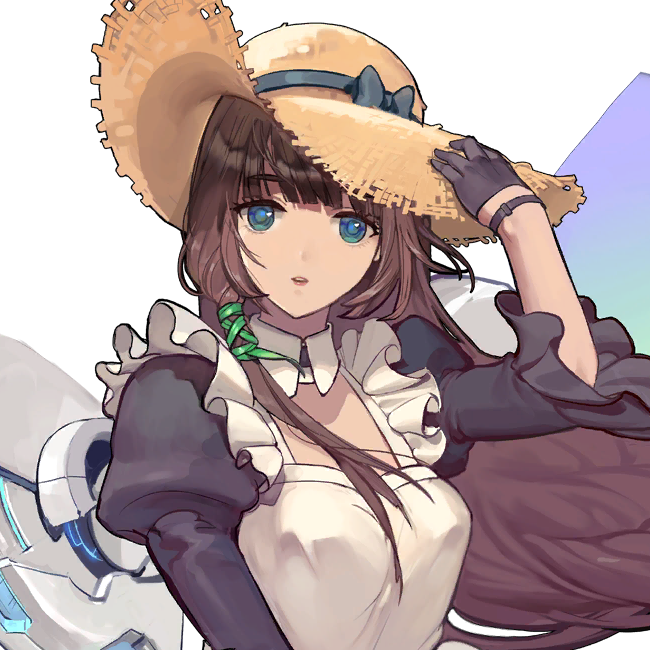 1girl adjusting_clothes adjusting_headwear apron black_gloves blue_eyes breasts brown_hair daphne_(last_origin) dress energy_wings female_focus floating_hair frilled_apron frills game_cg gloves hair_ornament hair_over_breasts hat head_tilt heart heart-shaped_pupils high_collar large_breasts last_origin long_hair looking_at_viewer low-tied_long_hair mechanical_wings official_art open_mouth puffy_sleeves red_lips rorobomb straw_hat sun_hat symbol-shaped_pupils transparent_background upper_body wings x_hair_ornament