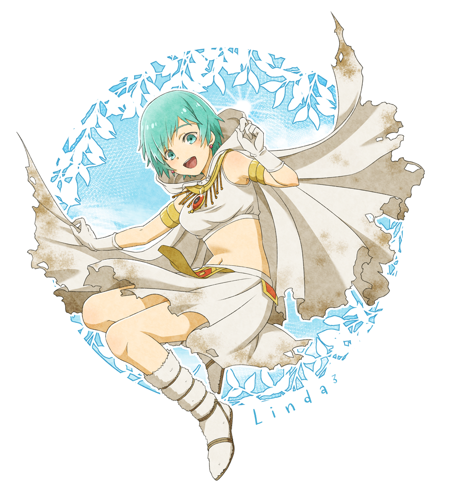 1girl blue_eyes blue_hair cape chigayasan commentary_request full_body gloves linda_(linda_cube) linda_cube midriff open_mouth shirt short_hair skirt solo torn_clothes torn_skirt white_cape white_gloves white_shirt white_skirt
