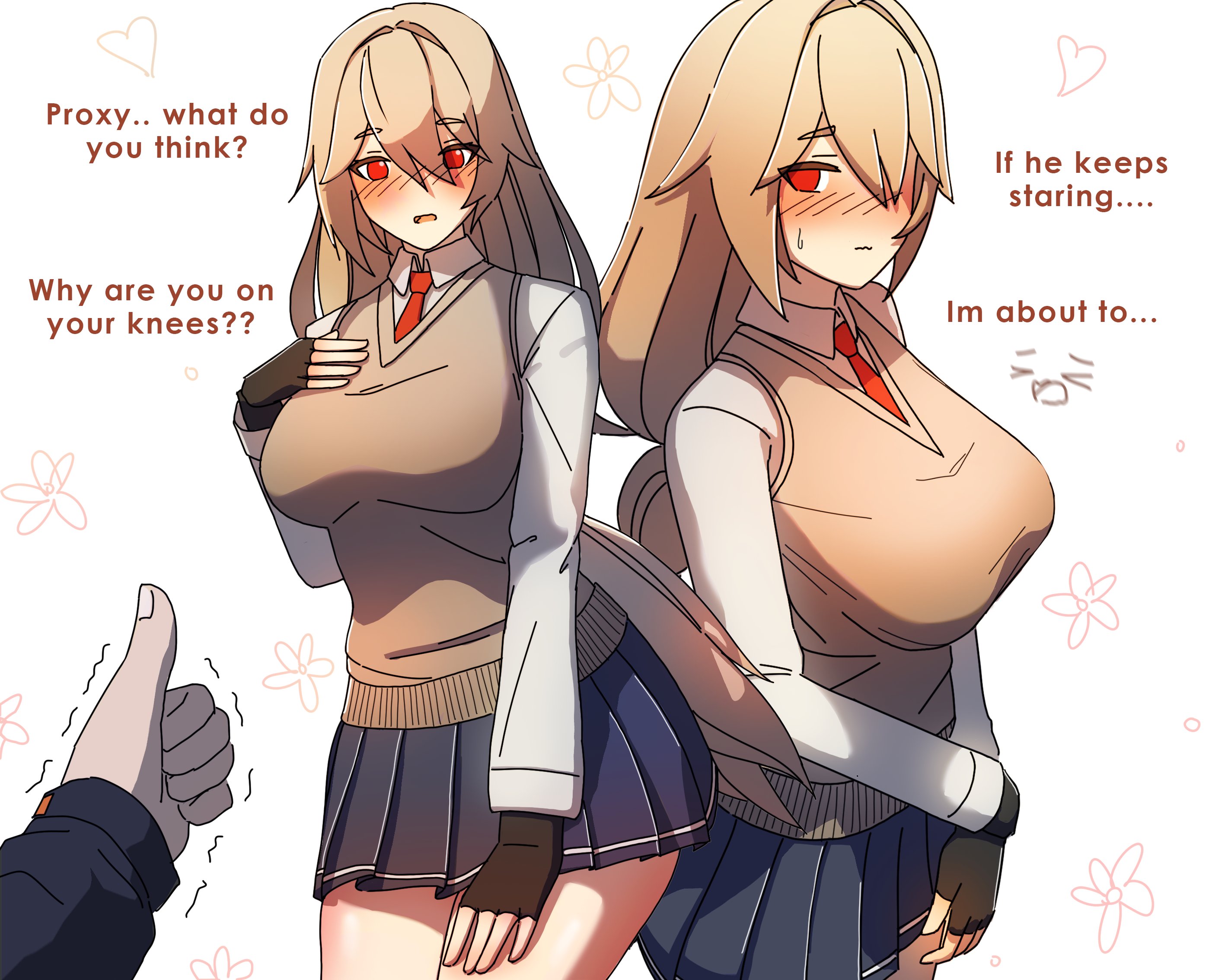 alexandrina_sebastiane blush bow bowtie breasts dorahdew english_text fingerless_gloves gloves grey_hair hand_on_own_chest highres large_breasts long_hair miniskirt red_eyes school_uniform shirt skirt sweatdrop thighs thumbs_up white_background white_shirt wise_(zenless_zone_zero) zenless_zone_zero