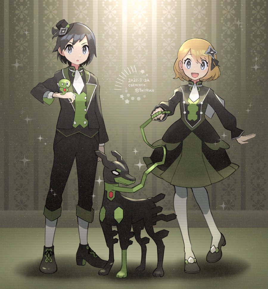 1boy 1girl ascot black_pants black_ribbon blonde_hair buttons calem_(pokemon) cocoloco commentary_request dated dress eyelashes game_freak gen_6_pokemon grey_eyes grey_pantyhose hair_ornament hair_ribbon jacket legendary_pokemon long_sleeves nintendo official_alternate_costume pants pantyhose pokemon pokemon_(creature) pokemon_masters_ex pokemon_xy ribbon serena_(pokemon) serena_(sygna_suit)_(pokemon) shoes short_hair socks standing twitter_username white_ascot zygarde zygarde_(10%) zygarde_cell