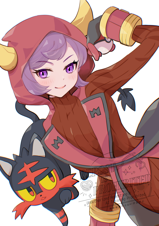 1girl blush closed_mouth courtney_(pokemon) cowlick dress fake_horns gen_7_pokemon gloves hood hood_up hooded_vest hoodie horned_headwear horned_hood horns litten long_sleeves looking_at_viewer mizuiro123 nintendo pokemon pokemon_(creature) pokemon_oras purple_eyes purple_hair red_hood ribbed_dress ribbed_sweater short_hair smile solo sweater sweater_dress team_magma team_magma_uniform vest