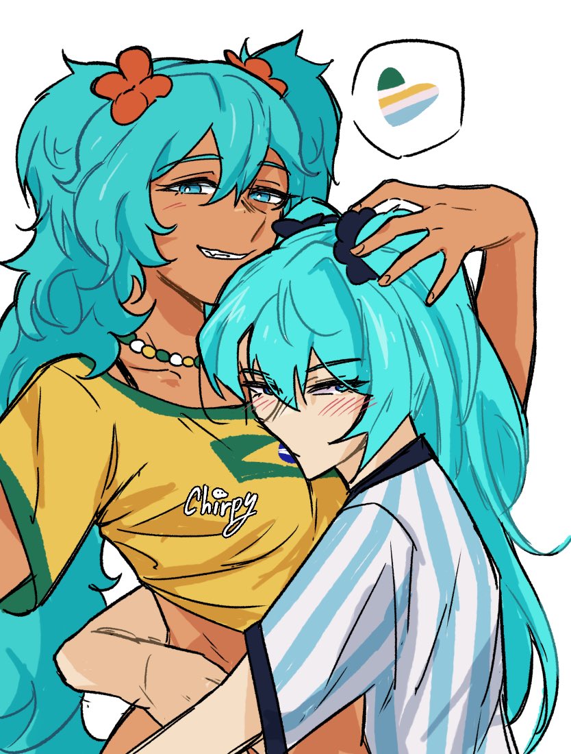 2girls aqua_hair argentina argentinian_flag argentinian_flag_print argentinian_miku blush brazil brazilian_flag brazilian_flag_print brazilian_miku breasts chirpi_575 couple dark-skinned_female dark_skin earrings female_focus flag_print hair_ornament hatsune_miku holding_another&#039;s_waist jewelry large_breasts long_hair matching_hair/eyes multiple_girls selfcest shirt short_sleeves shorts_tan simple_background smile striped_clothes striped_shirt tan tanline tanline_peek twintails vocaloid worldwide_miku yellow_shirt yuri