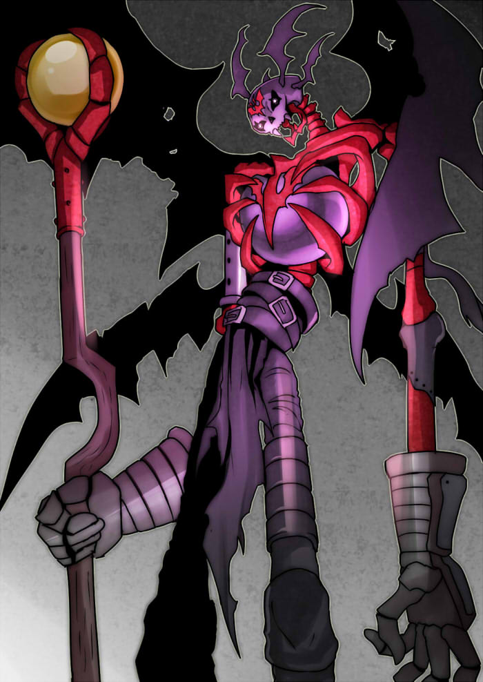 belt digimon digimon_(creature) mark_of_evil skull skullsatamon solo staff wings