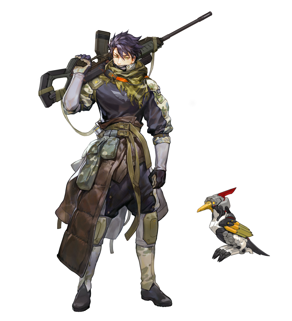 1boy bandana belt belt_pouch bird black_boots blue_gloves boots brown_coat camouflage character_request chinese_commentary coat coat_around_waist commentary covered_mouth full_body gloves green_bandana green_eyes gun gun_sling hair_between_eyes hangleing holding holding_gun holding_weapon iron_saga knee_pads magazine_(weapon) male_focus mole mole_under_eye multiple_belts muzzle_device non-humanoid_robot official_art pouch purple_hair rifle robot short_hair soldier solo tachi-e two-sided_gloves weapon white_background woodland_camouflage