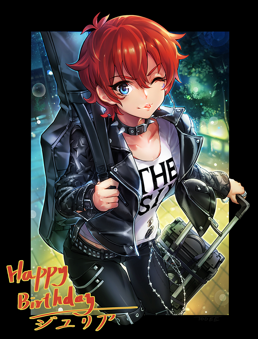 10s 1girl ;p belt belt_buckle black_border black_jacket black_pants blue_eyes border breasts buckle building city clothes_writing collar collarbone drawing_on_another&#039;s_face english_text eyebrows eyelashes female_focus from_above guitar_case happy_birthday holding idolmaster idolmaster_million_live! instrument_case jacket jewelry julia_(idolmaster) leather leather_jacket leather_pants lens_flare light_particles long_sleeves looking_at_viewer medium_breasts night one_eye_closed open_clothes open_jacket outdoors outside_border pants pavement red_hair ring shirt short_hair skyscraper smile solo spiked_collar spikes star_(symbol) studded_belt suitcase t-shirt thigh_strap todee tongue tongue_out tree unzipped