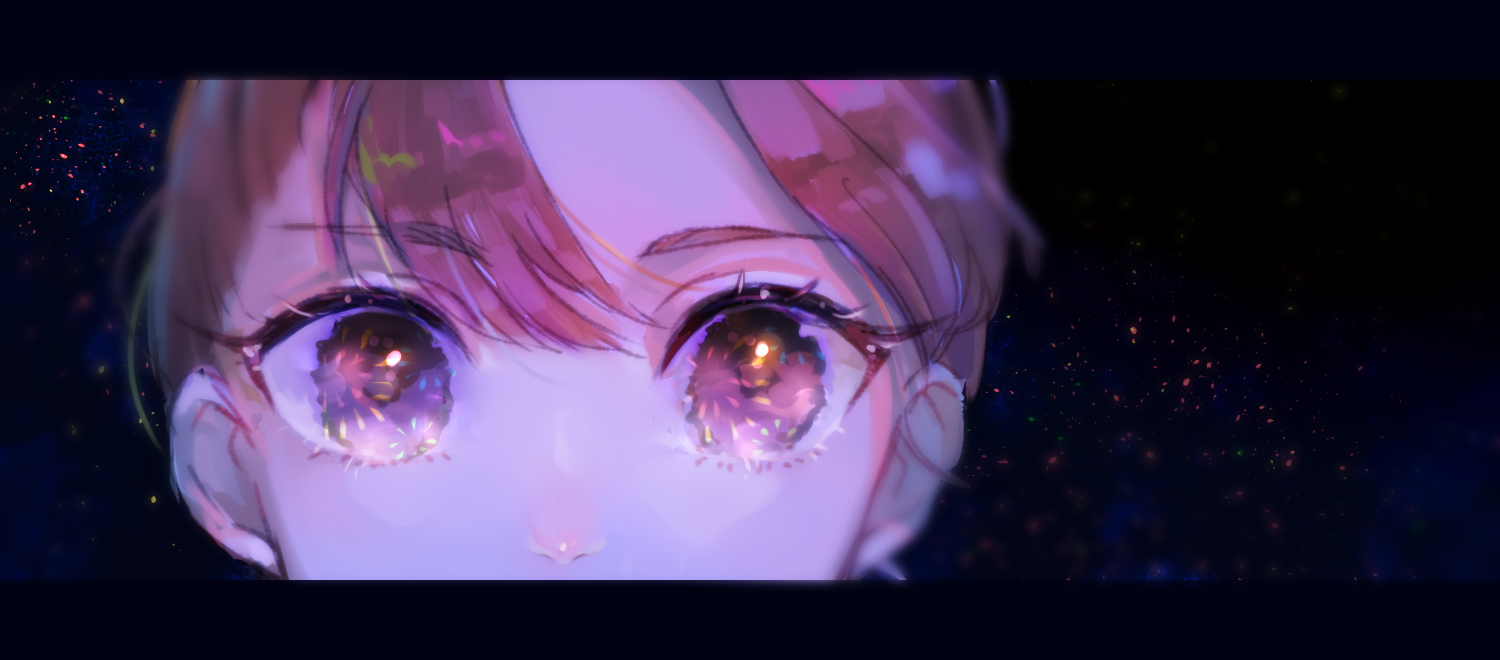 1boy 58_(scbaby) brown_hair close-up commentary_request eye_reflection fireworks igasaki_magohei letterboxed long_eyelashes looking_at_viewer male_focus mouth_out_of_frame night nostrils outdoors rakudai_ninja_rantarou reflection short_hair solo