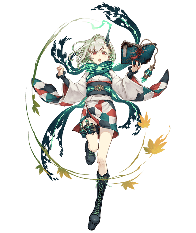 1girl :o book boots full_body green_hair horns japanese_clothes ji_no kimono lace-up_boots leaf little_match_girl_(sinoalice) looking_at_viewer maple_leaf official_art platform_boots platform_footwear red_eyes sash scarf short_kimono single_horn sinoalice solo thigh_strap transparent_background wide_sleeves